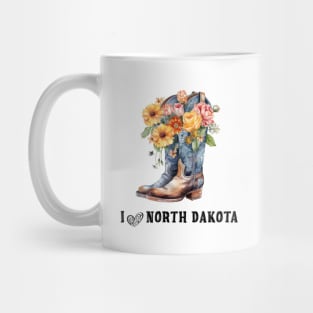 I Love North Dakota Boho Cowboy Boots with Flowers Watercolor Art Mug